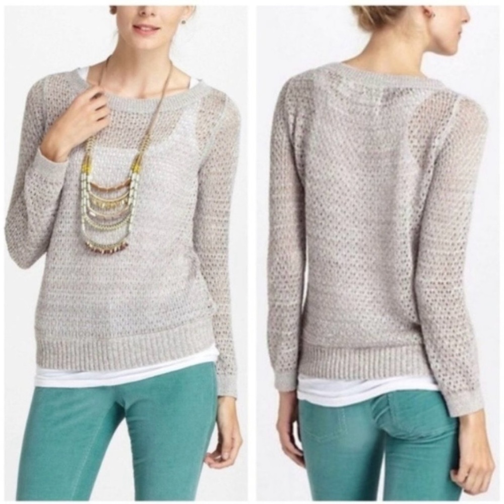 Anthropologie GUINEVERE Women's Open-Knit Gray Metallic 100% Hemp Sweater